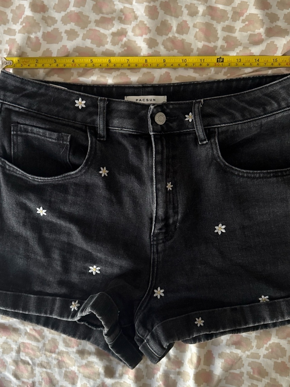 PacSun Black Denim Shorts with White Daisy Embroidery